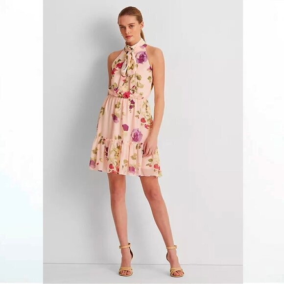 Ralph Lauren Size 10 Pink Floral Chiffon Sleeveless Dress Ties Neck Fit & Flare - Picture 2 of 12